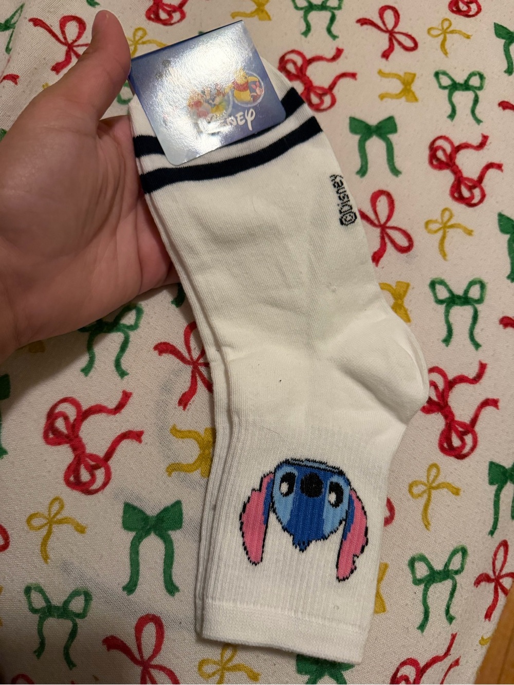 Disney White Crew Socks with Blue & Pink Stitch Motif